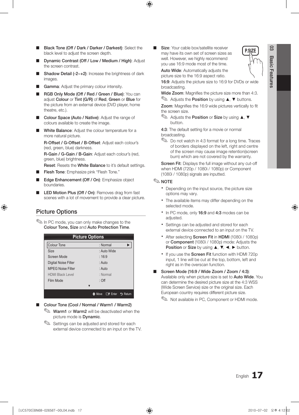 Picture options | Samsung UE40C5700QS User Manual | Page 17 / 209