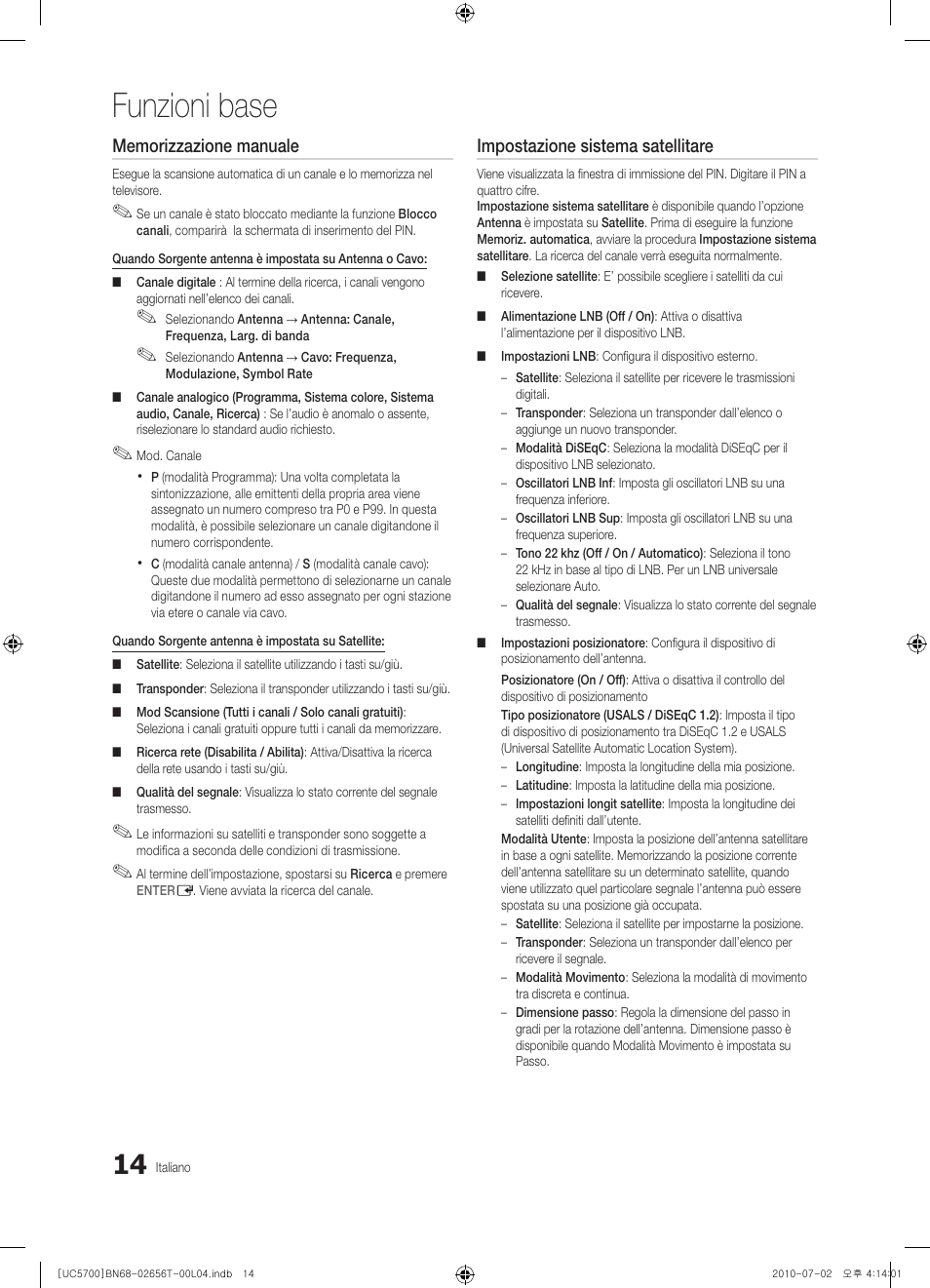 Funzioni base, Impostazione sistema satellitare | Samsung UE40C5700QS User Manual | Page 170 / 209