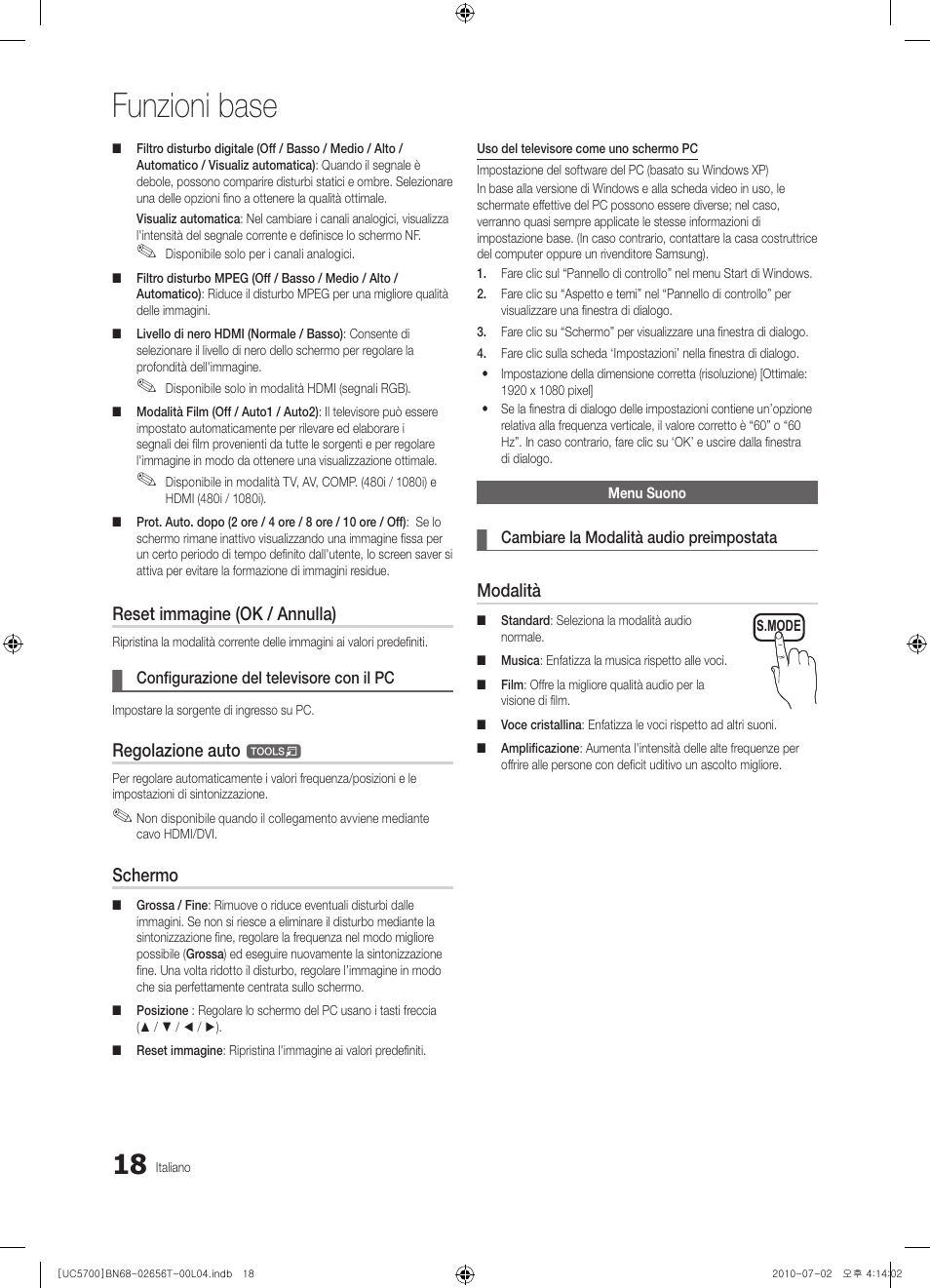 Funzioni base, Reset immagine (ok / annulla), Regolazione auto | Schermo, Modalità | Samsung UE40C5700QS User Manual | Page 174 / 209