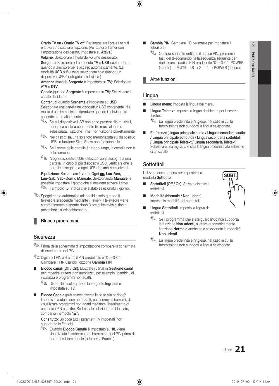 Sicurezza, Lingua, Sottotitoli | Samsung UE40C5700QS User Manual | Page 177 / 209