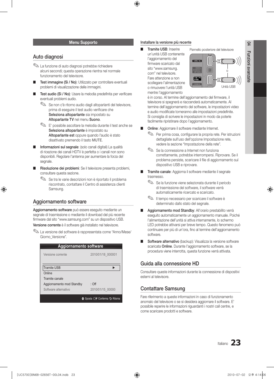 Auto diagnosi, Aggiornamento software, Guida alla connessione hd | Contattare samsung | Samsung UE40C5700QS User Manual | Page 179 / 209