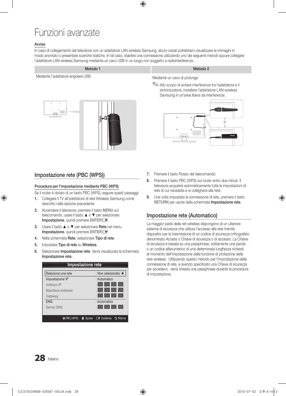 Funzioni avanzate, Impostazione rete (pbc (wps)), Impostazione rete (automatico) | Samsung UE40C5700QS User Manual | Page 184 / 209