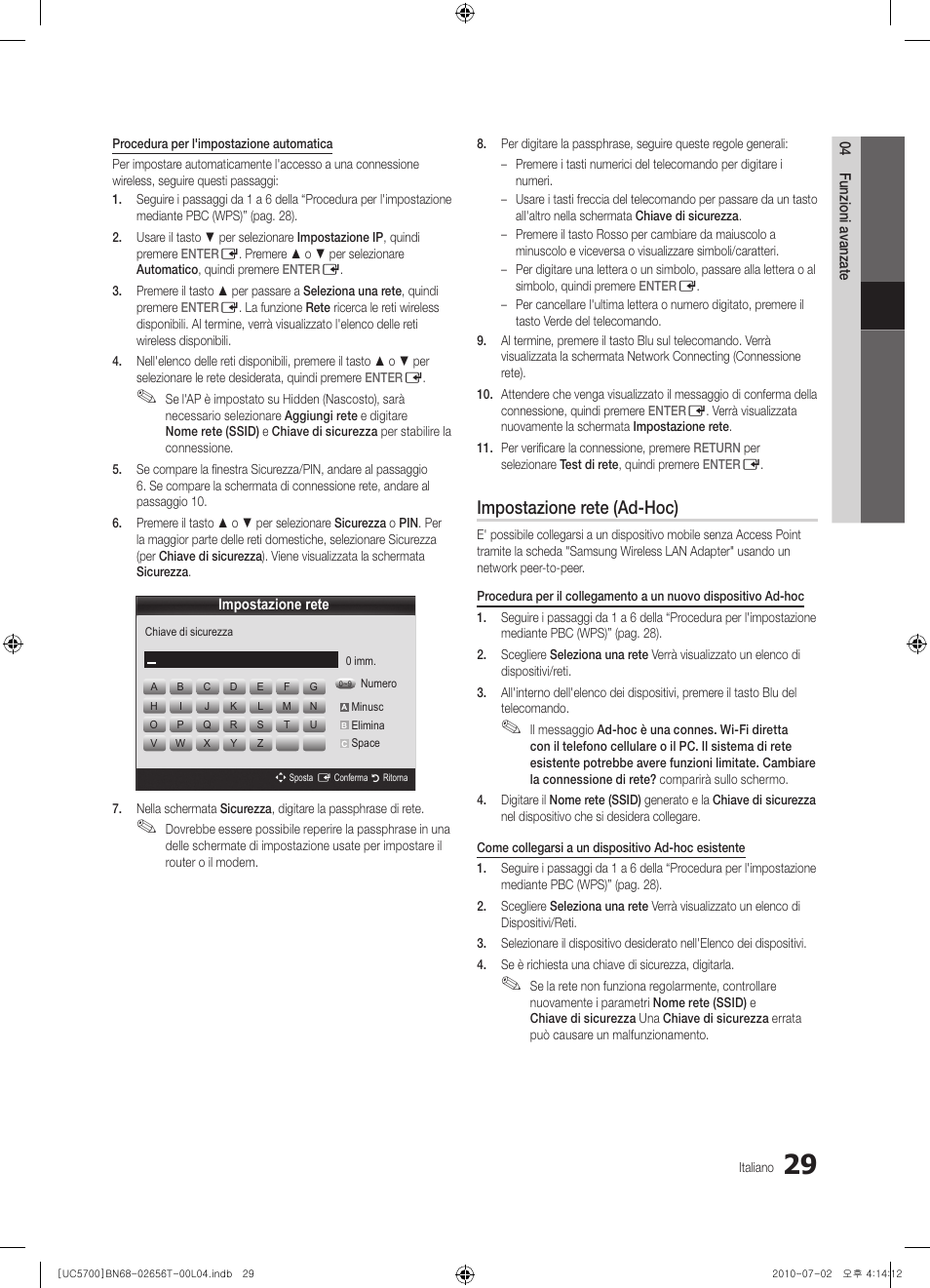 Impostazione rete (ad-hoc) | Samsung UE40C5700QS User Manual | Page 185 / 209
