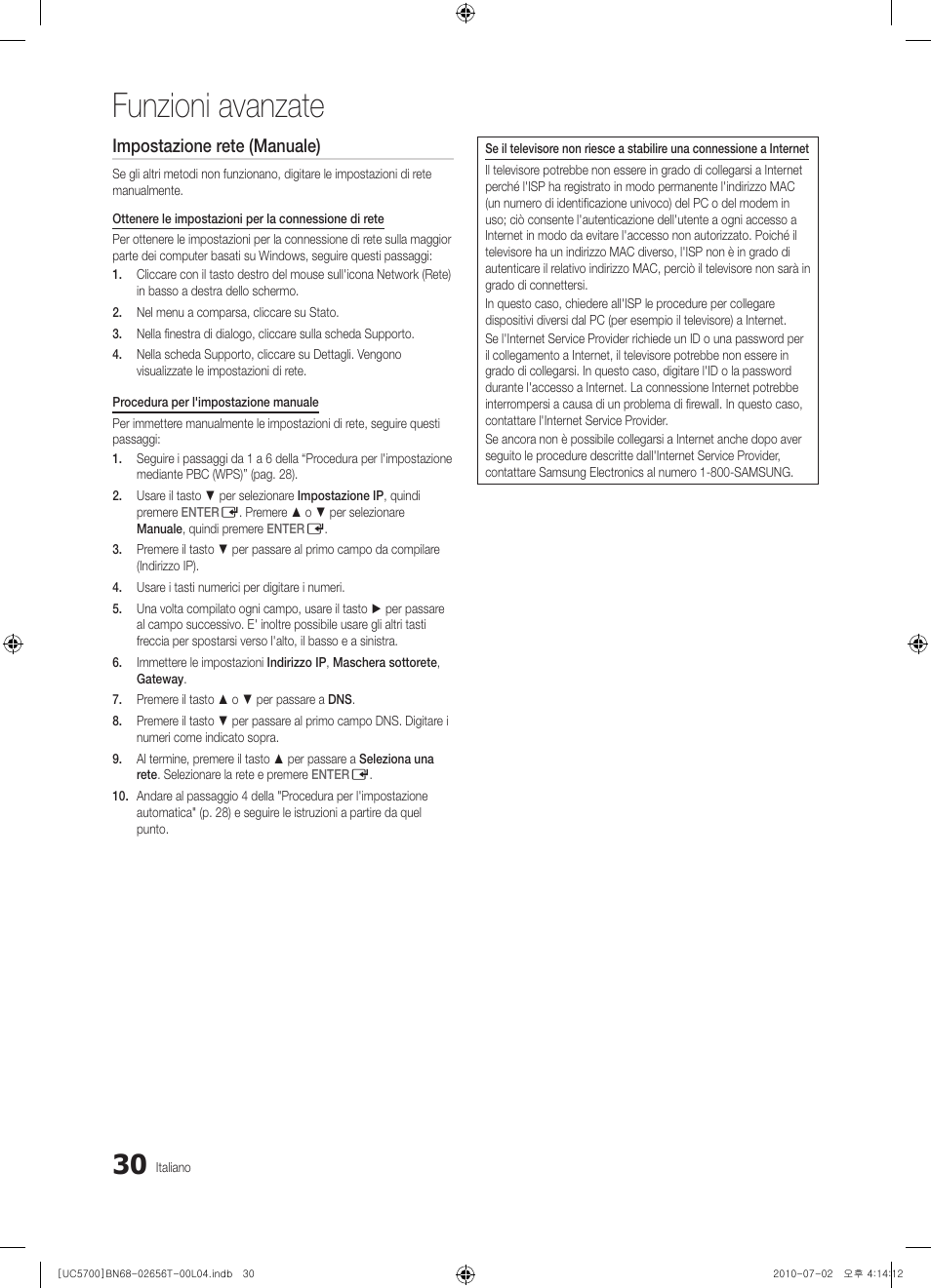 Funzioni avanzate, Impostazione rete (manuale) | Samsung UE40C5700QS User Manual | Page 186 / 209