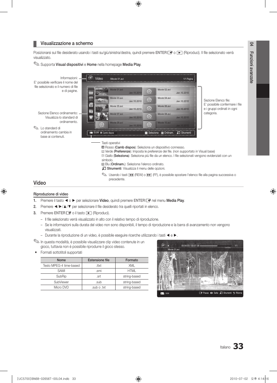 Video, Visualizzazione a schermo | Samsung UE40C5700QS User Manual | Page 189 / 209