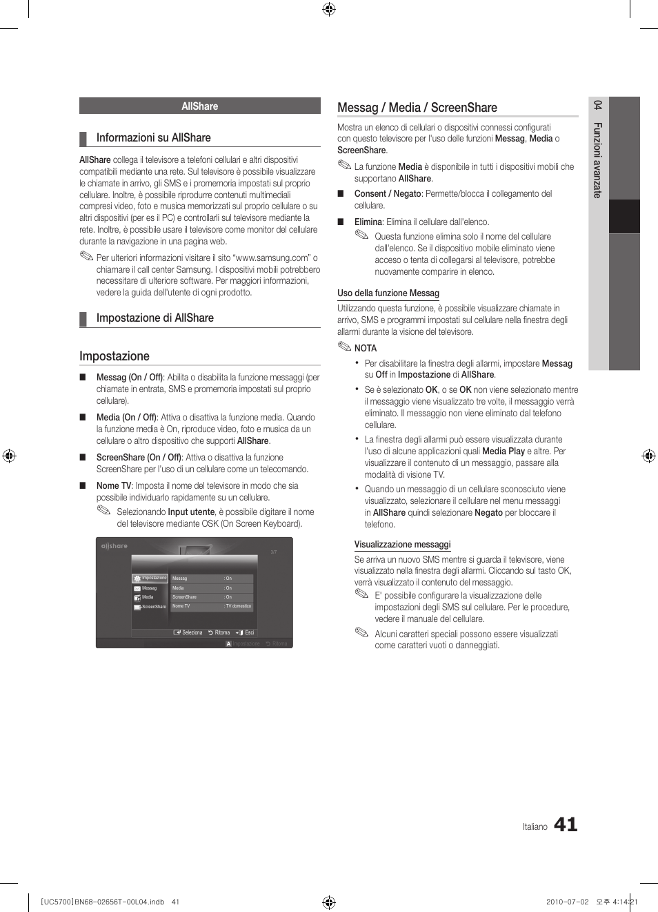 Impostazione, Messag / media / screenshare | Samsung UE40C5700QS User Manual | Page 197 / 209