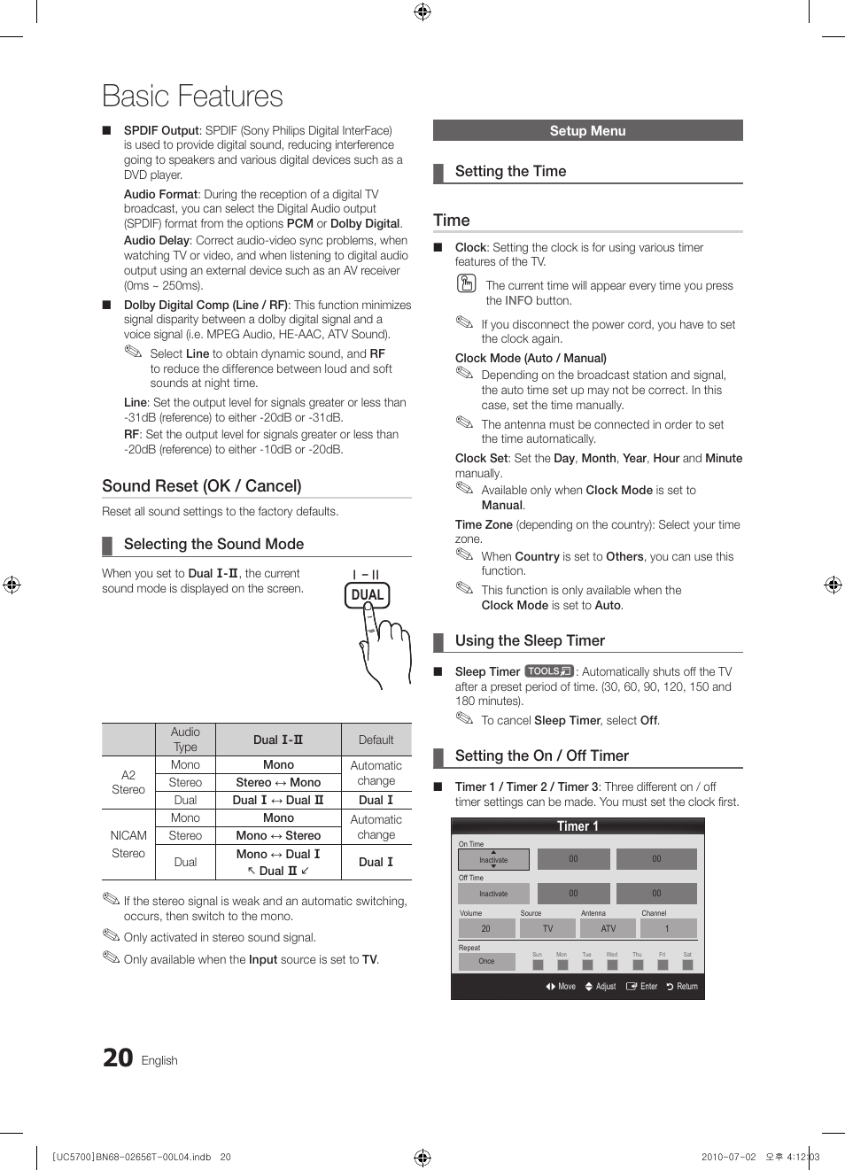 Setup menu, Basic features, Sound reset (ok / cancel) | Time | Samsung UE40C5700QS User Manual | Page 20 / 209