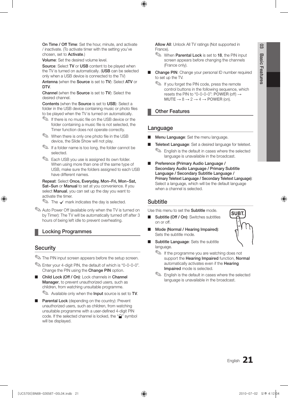 Samsung UE40C5700QS User Manual | Page 21 / 209