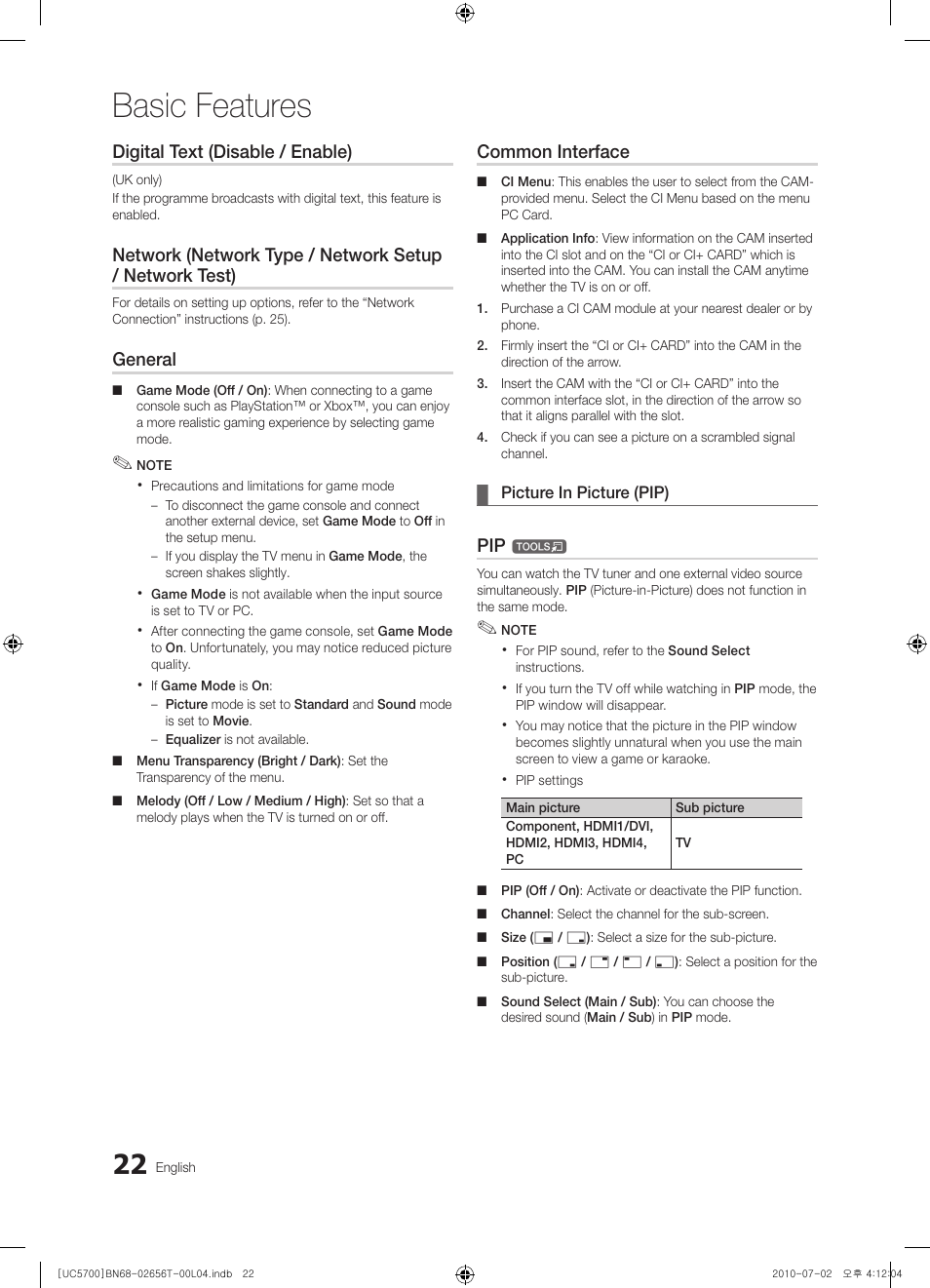 Basic features, Digital text (disable / enable), General | Common interface | Samsung UE40C5700QS User Manual | Page 22 / 209