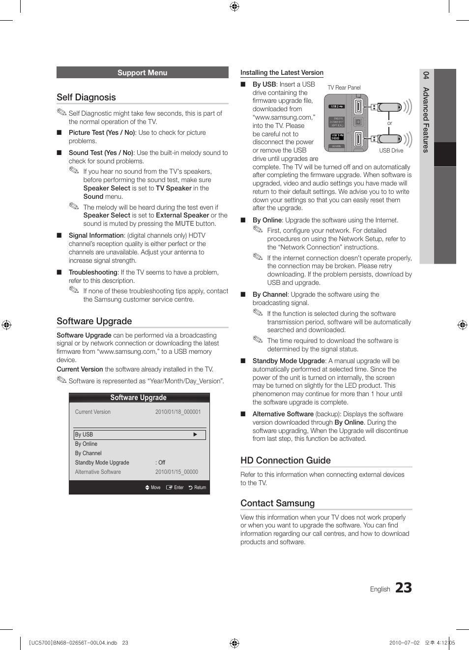 Support menu, Self diagnosis, Software upgrade | Hd connection guide, Contact samsung | Samsung UE40C5700QS User Manual | Page 23 / 209