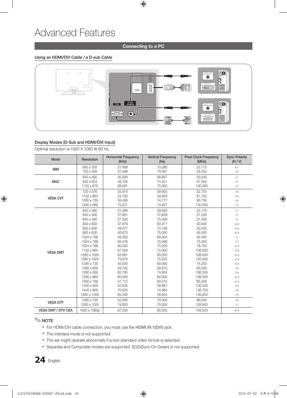 Advanced features, Connecting to a pc | Samsung UE40C5700QS User Manual | Page 24 / 209