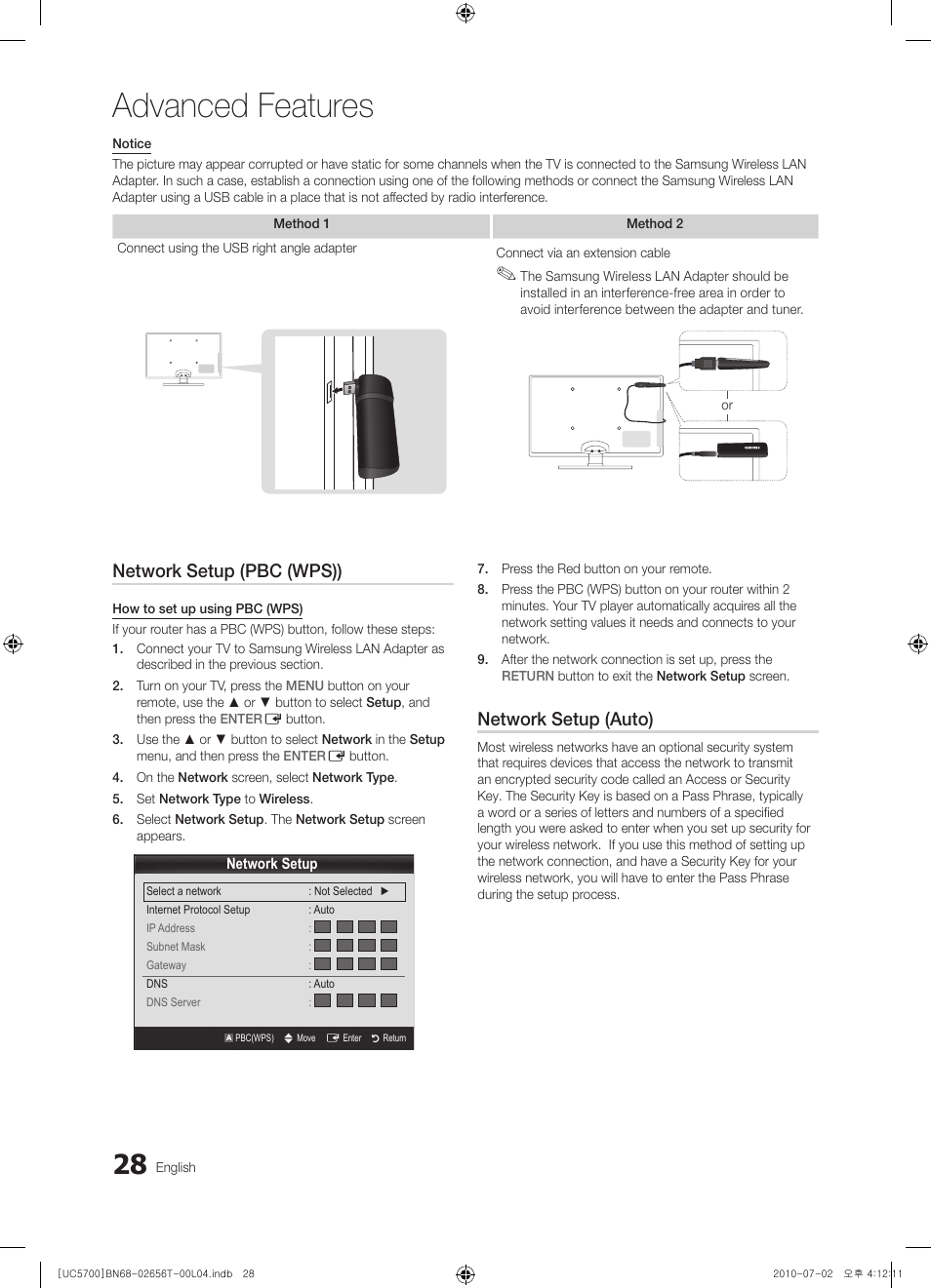 Advanced features, Network setup (pbc (wps)), Network setup (auto) | Samsung UE40C5700QS User Manual | Page 28 / 209