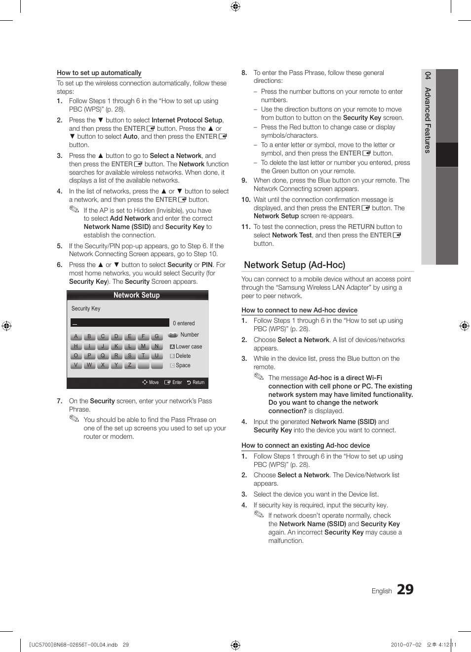 Network setup (ad-hoc) | Samsung UE40C5700QS User Manual | Page 29 / 209