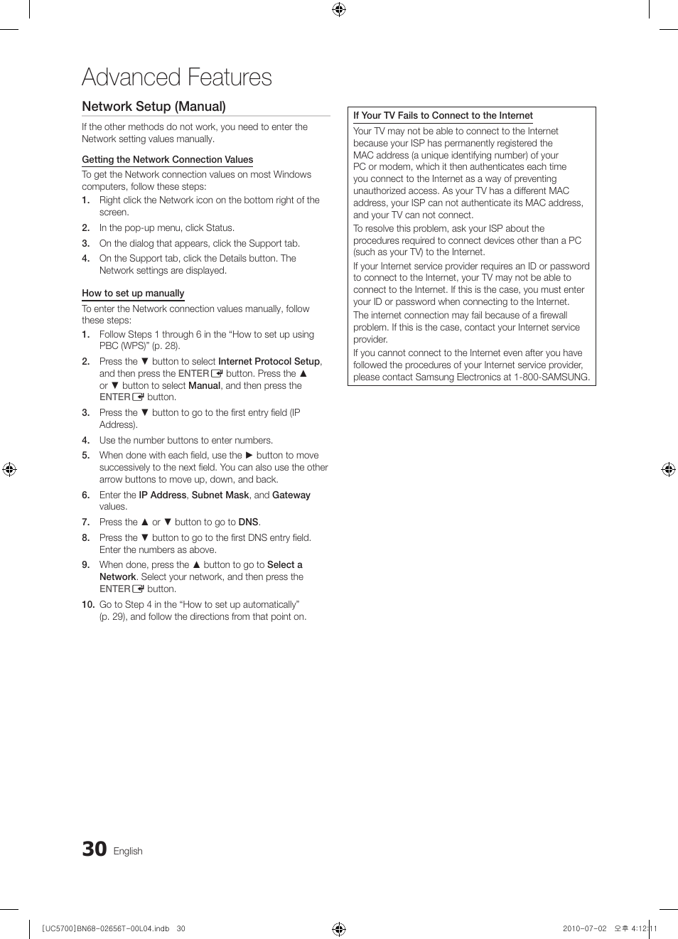 Advanced features, Network setup (manual) | Samsung UE40C5700QS User Manual | Page 30 / 209