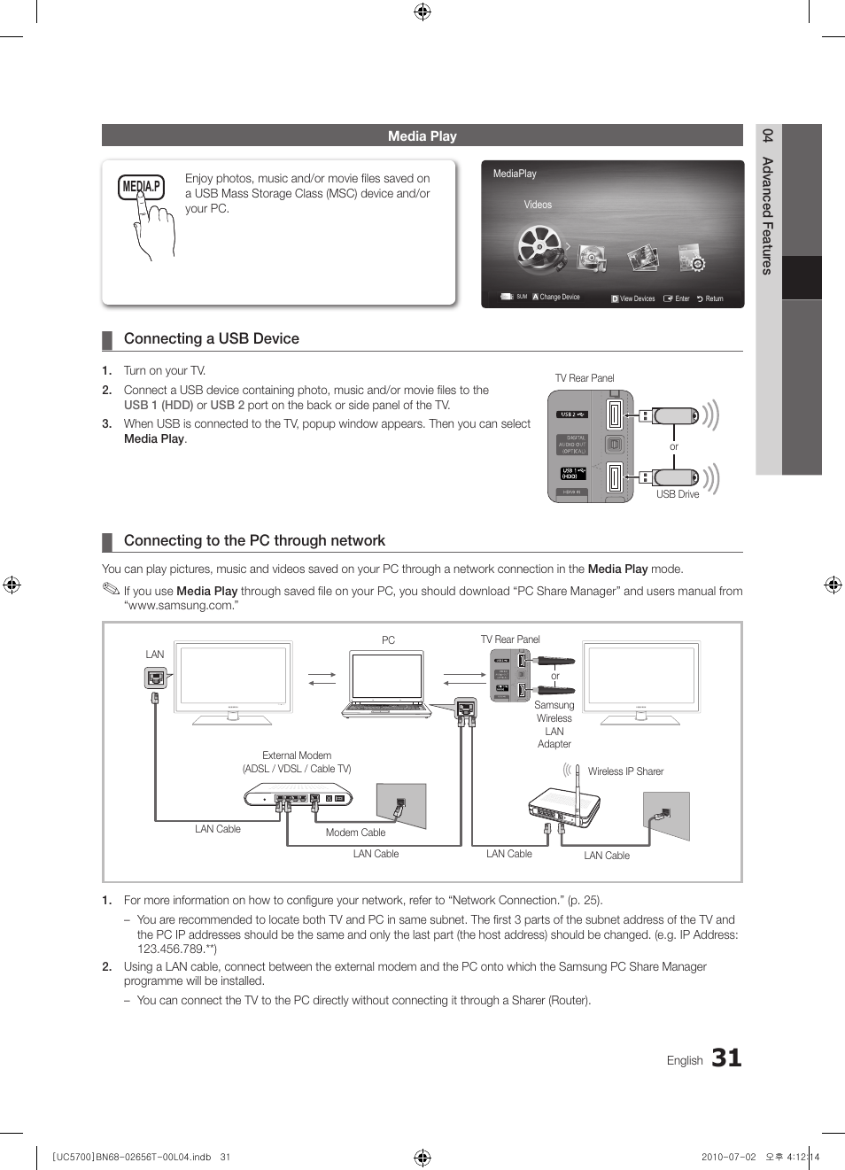 Media play, Connecting a usb device, Connecting to the pc through network | Samsung UE40C5700QS User Manual | Page 31 / 209