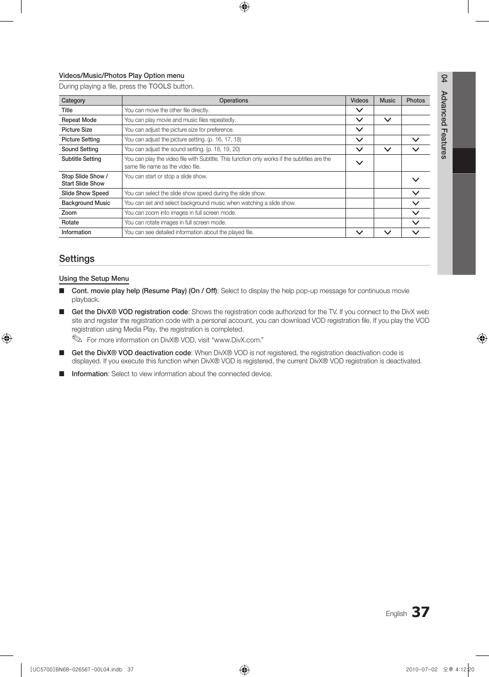 Settings | Samsung UE40C5700QS User Manual | Page 37 / 209