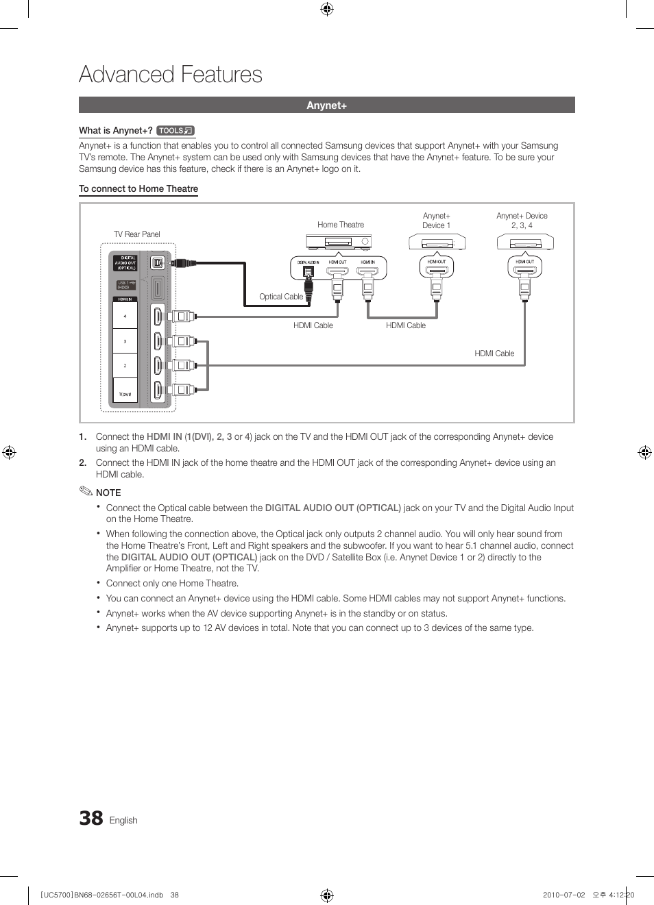 Anynet, Advanced features | Samsung UE40C5700QS User Manual | Page 38 / 209