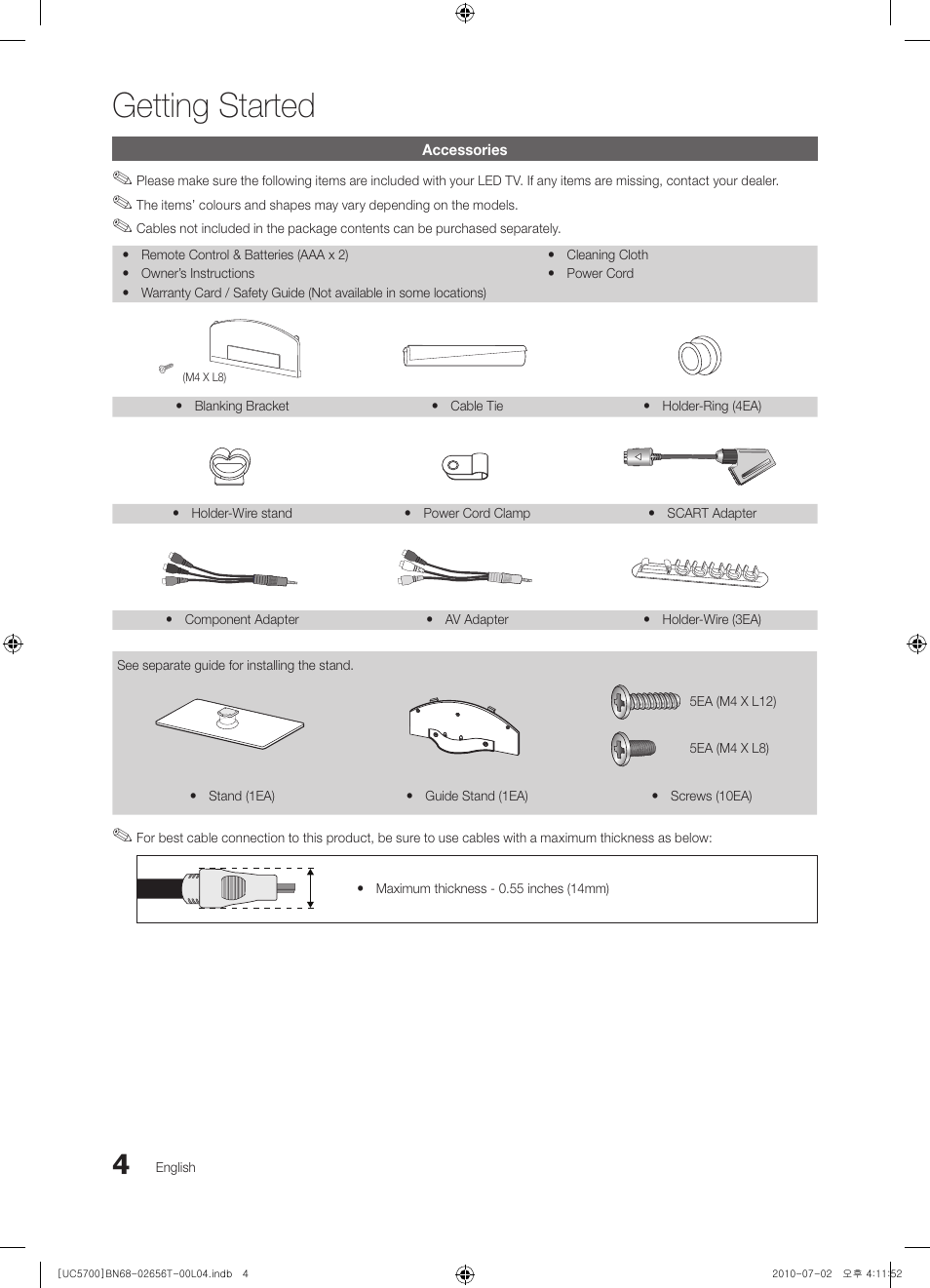 Getting started, Accessories | Samsung UE40C5700QS User Manual | Page 4 / 209