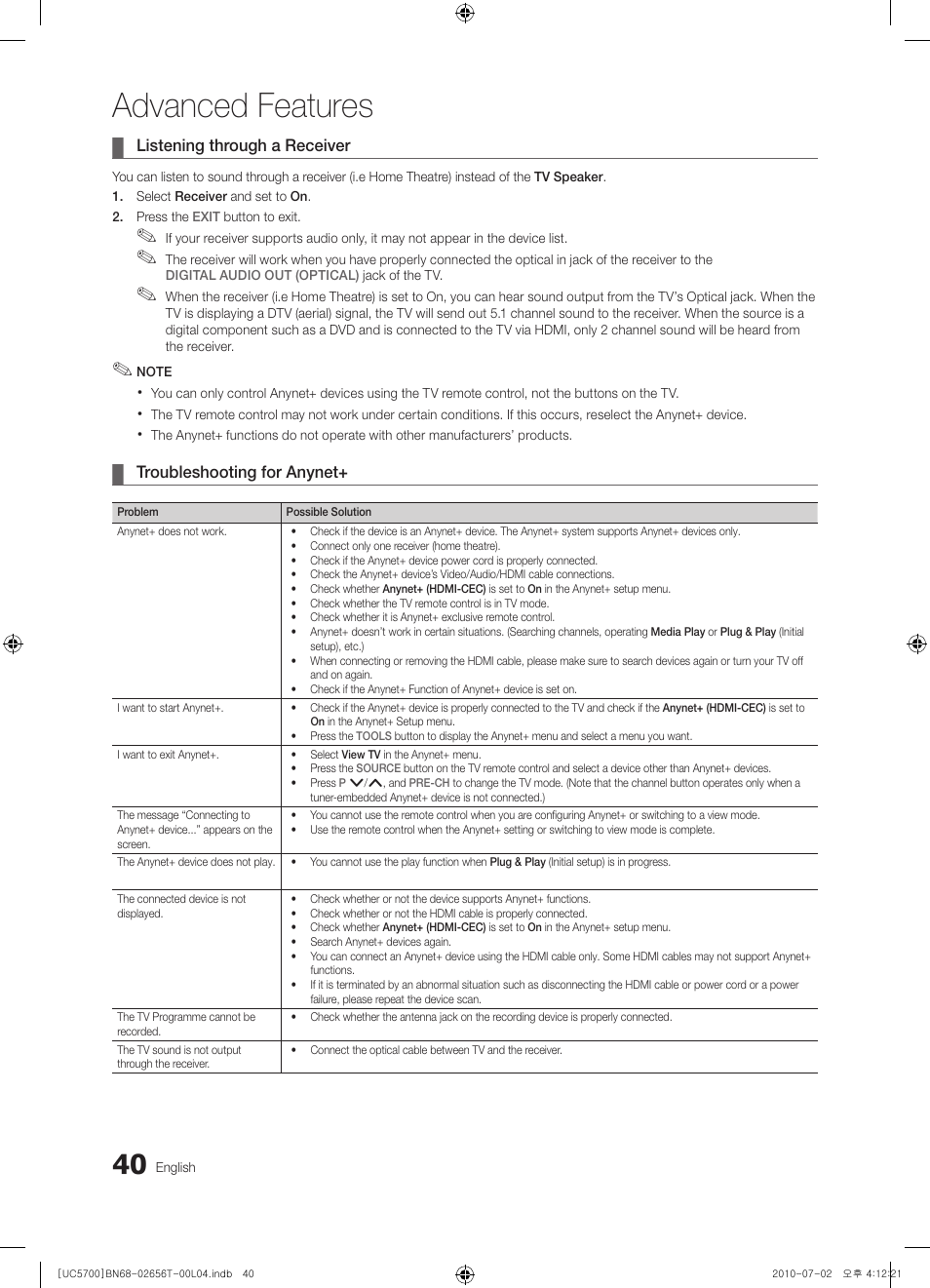 Advanced features | Samsung UE40C5700QS User Manual | Page 40 / 209