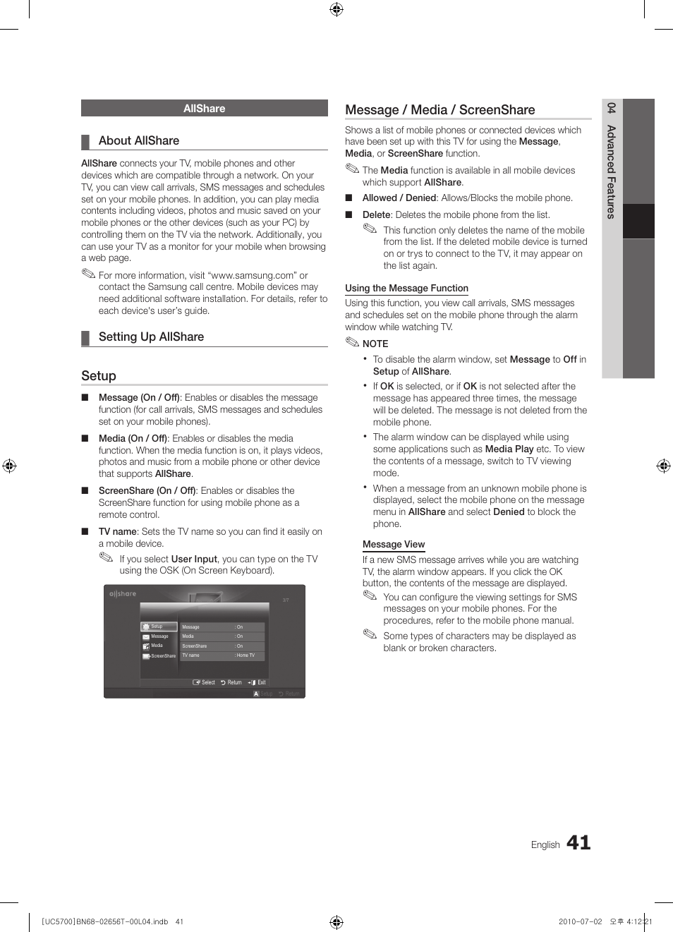 Allshare, Setup, Message / media / screenshare | Samsung UE40C5700QS User Manual | Page 41 / 209