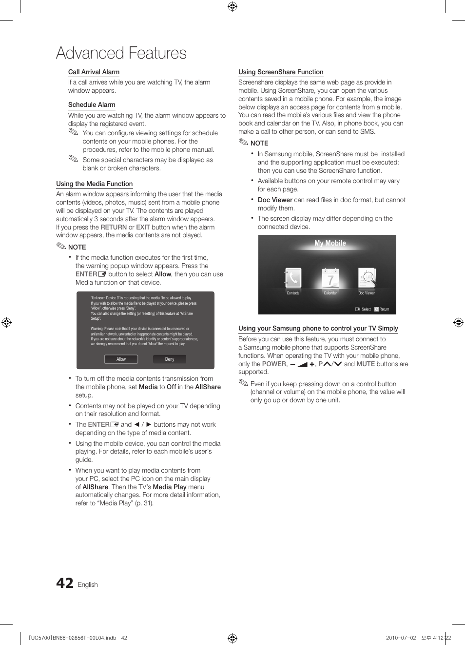 Advanced features | Samsung UE40C5700QS User Manual | Page 42 / 209