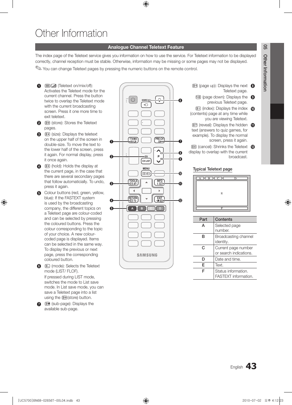 Other information, Analogue channel teletext feature | Samsung UE40C5700QS User Manual | Page 43 / 209