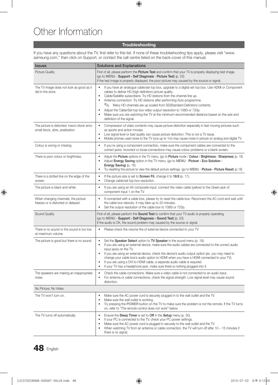 Troubleshooting, Other information | Samsung UE40C5700QS User Manual | Page 48 / 209