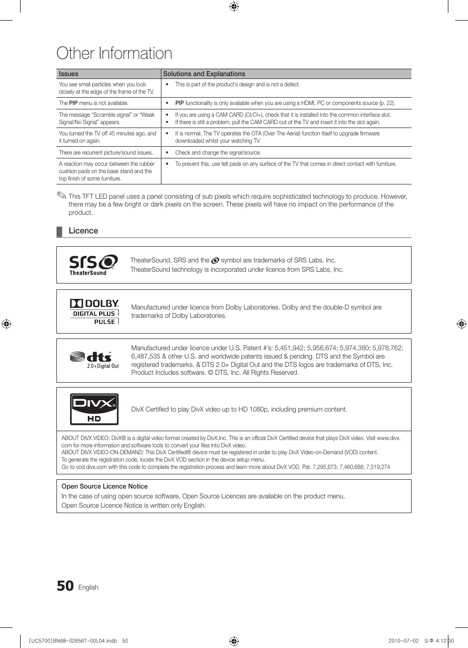 Other information | Samsung UE40C5700QS User Manual | Page 50 / 209