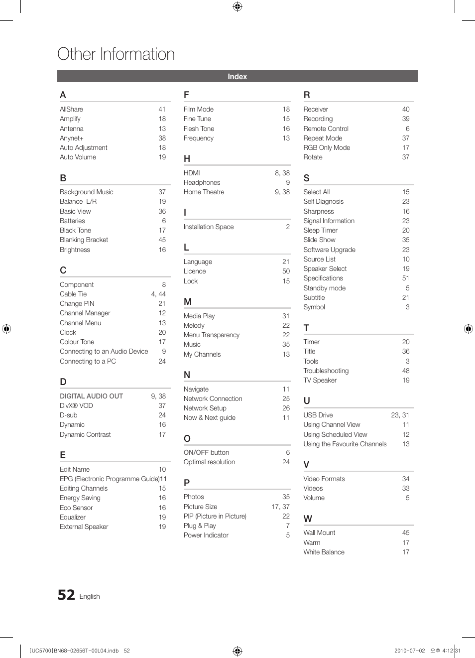 Index, Other information | Samsung UE40C5700QS User Manual | Page 52 / 209