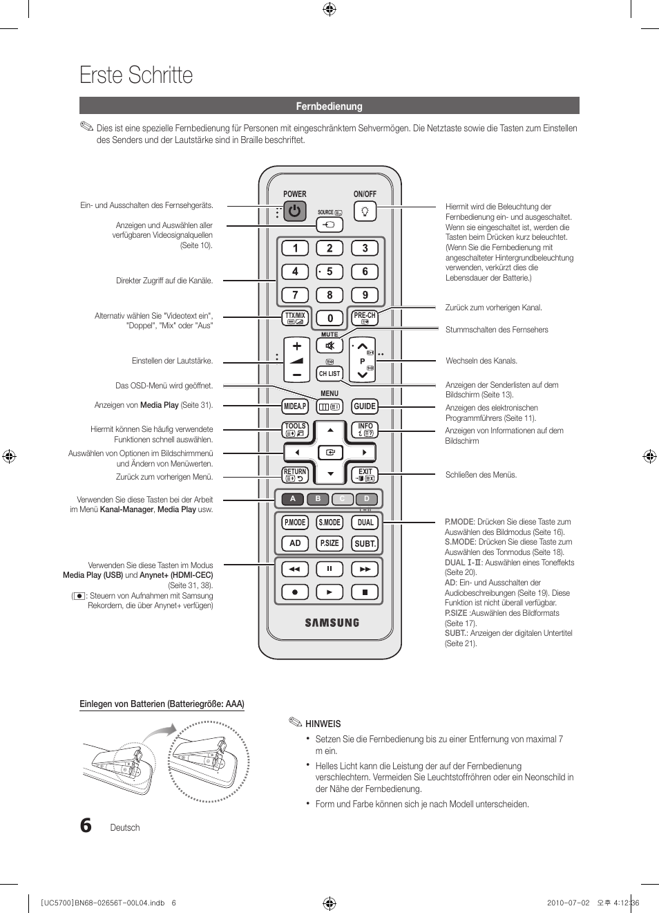 Erste schritte | Samsung UE40C5700QS User Manual | Page 58 / 209
