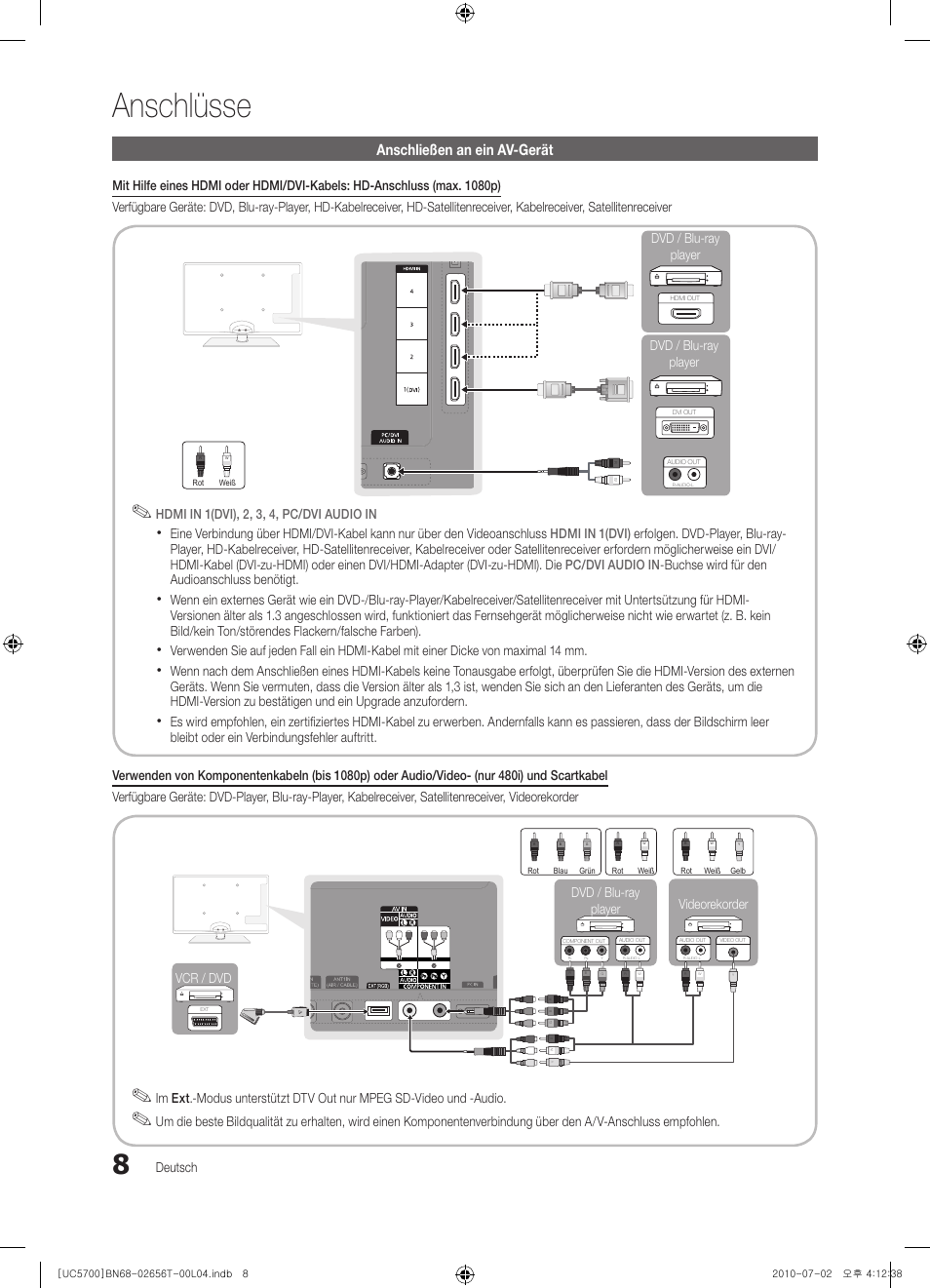 Anschlüsse, Anschließen an ein av-gerät | Samsung UE40C5700QS User Manual | Page 60 / 209
