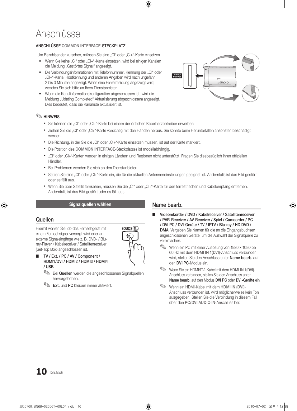 Anschlüsse | Samsung UE40C5700QS User Manual | Page 62 / 209