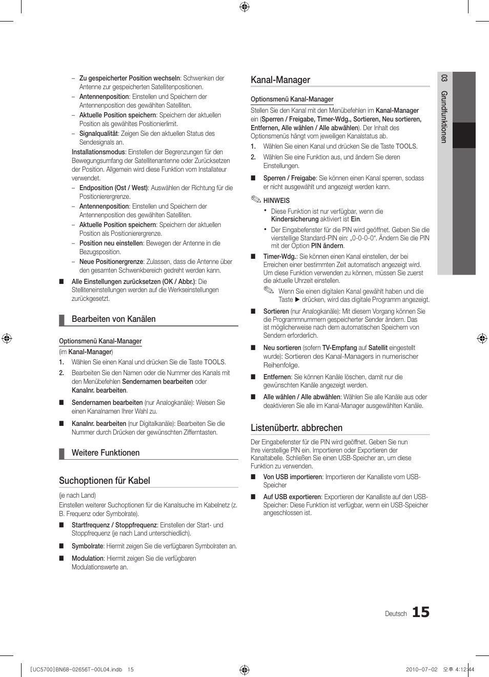 Suchoptionen für kabel, Kanal-manager, Listenübertr. abbrechen | Samsung UE40C5700QS User Manual | Page 67 / 209