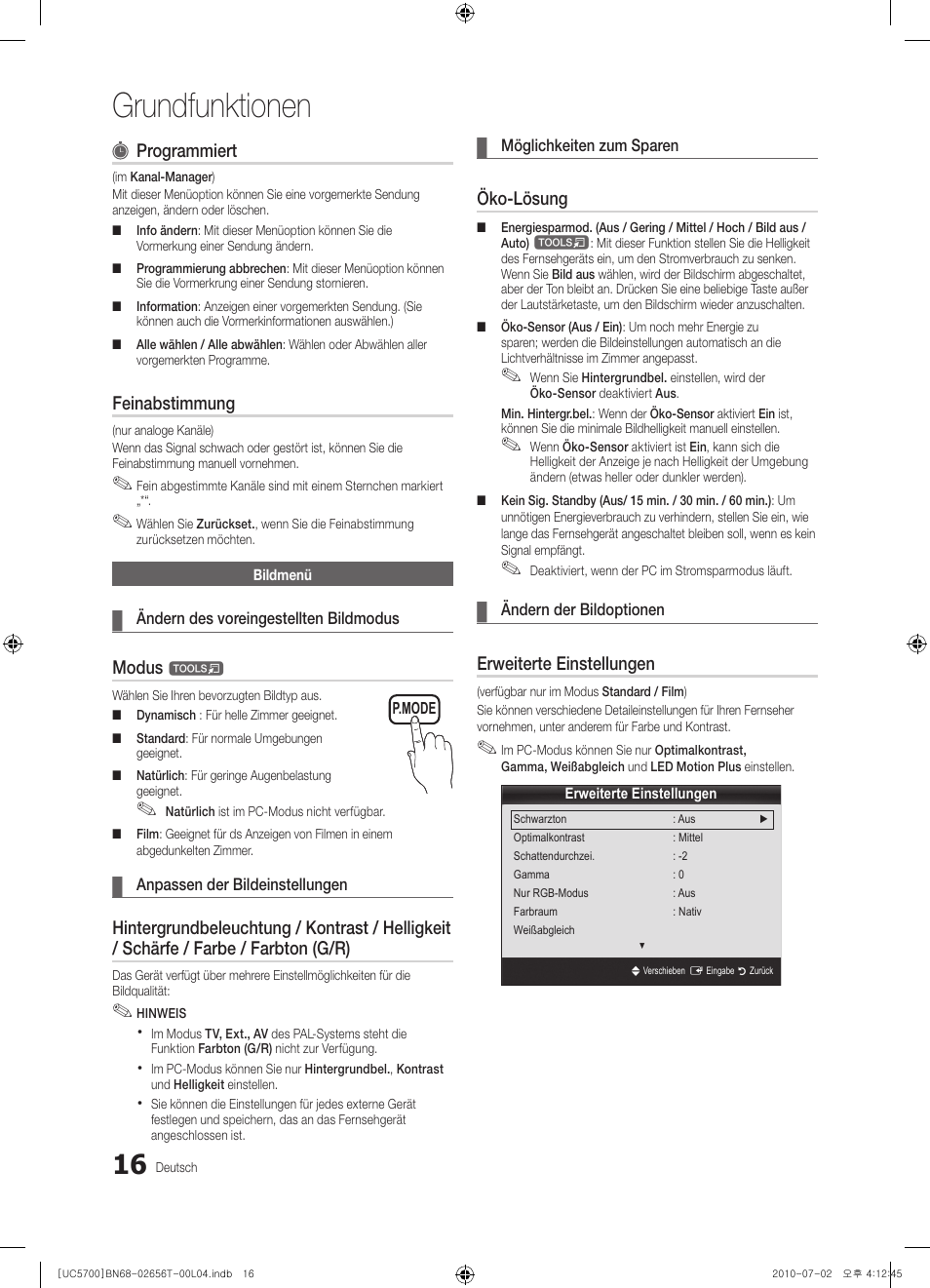 Grundfunktionen, Programmiert, Feinabstimmung | Modus, Öko-lösung, Erweiterte einstellungen | Samsung UE40C5700QS User Manual | Page 68 / 209