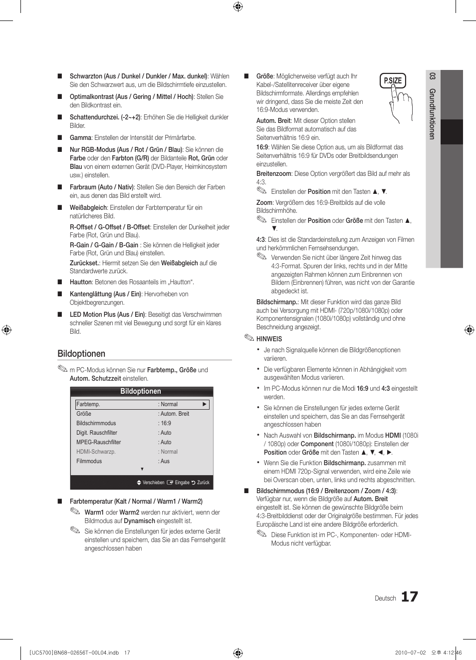Bildoptionen | Samsung UE40C5700QS User Manual | Page 69 / 209