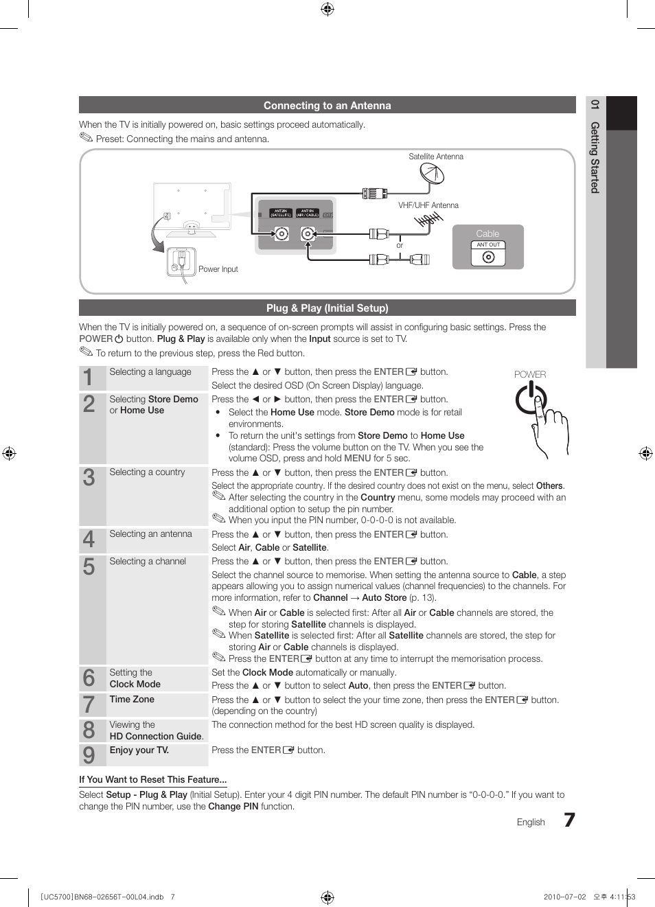 Connecting to an antenna, Plug & play (initial setup) | Samsung UE40C5700QS User Manual | Page 7 / 209