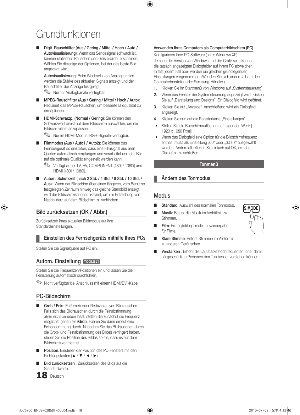 Grundfunktionen, Bild zurücksetzen (ok / abbr.), Autom. einstellung | Pc-bildschirm, Modus | Samsung UE40C5700QS User Manual | Page 70 / 209