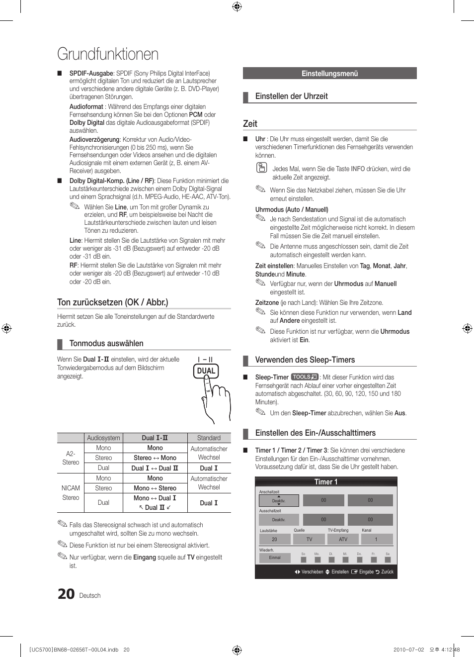Grundfunktionen, Ton zurücksetzen (ok / abbr.), Zeit | Samsung UE40C5700QS User Manual | Page 72 / 209