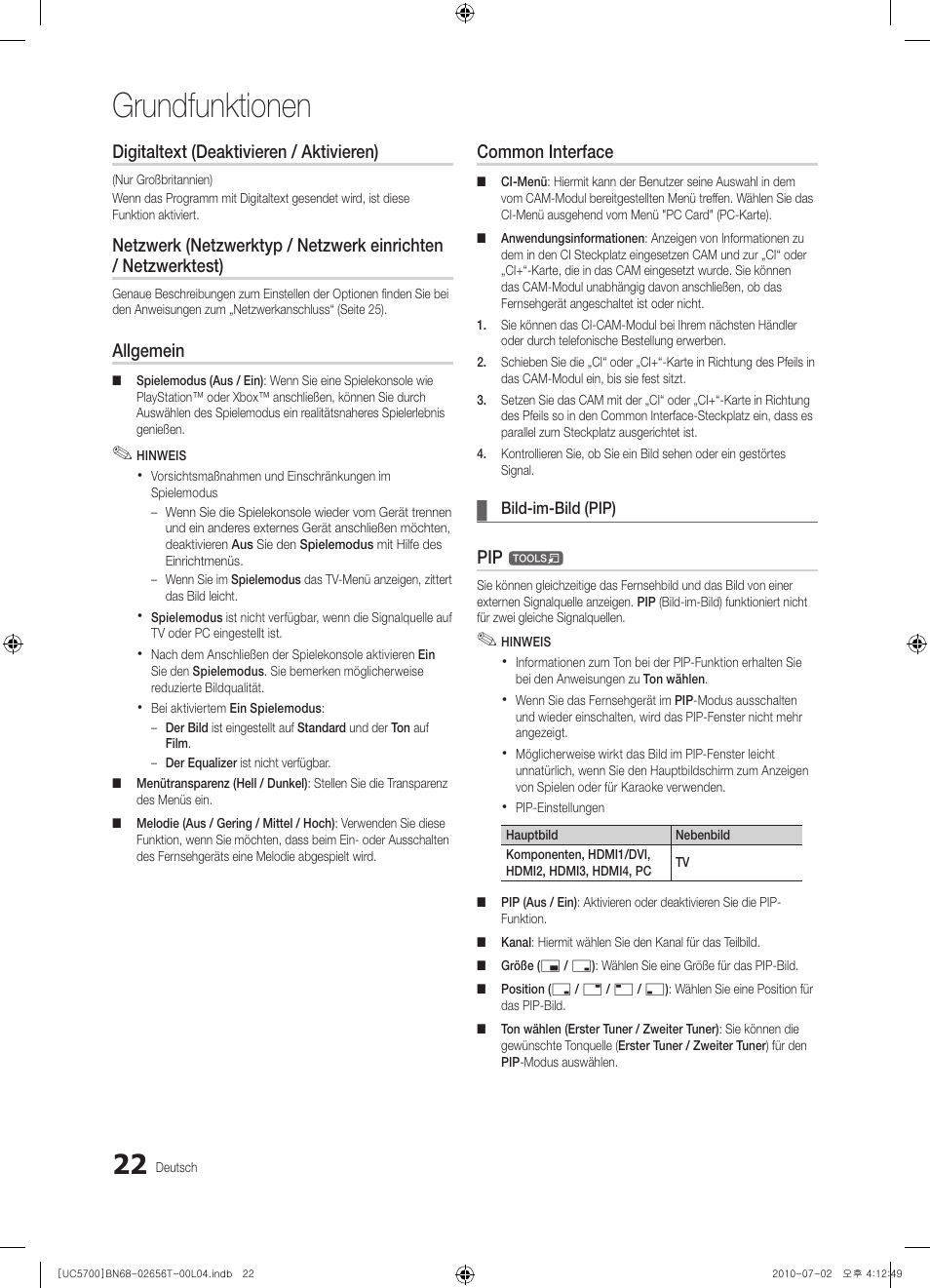 Grundfunktionen, Digitaltext (deaktivieren / aktivieren), Allgemein | Common interface | Samsung UE40C5700QS User Manual | Page 74 / 209