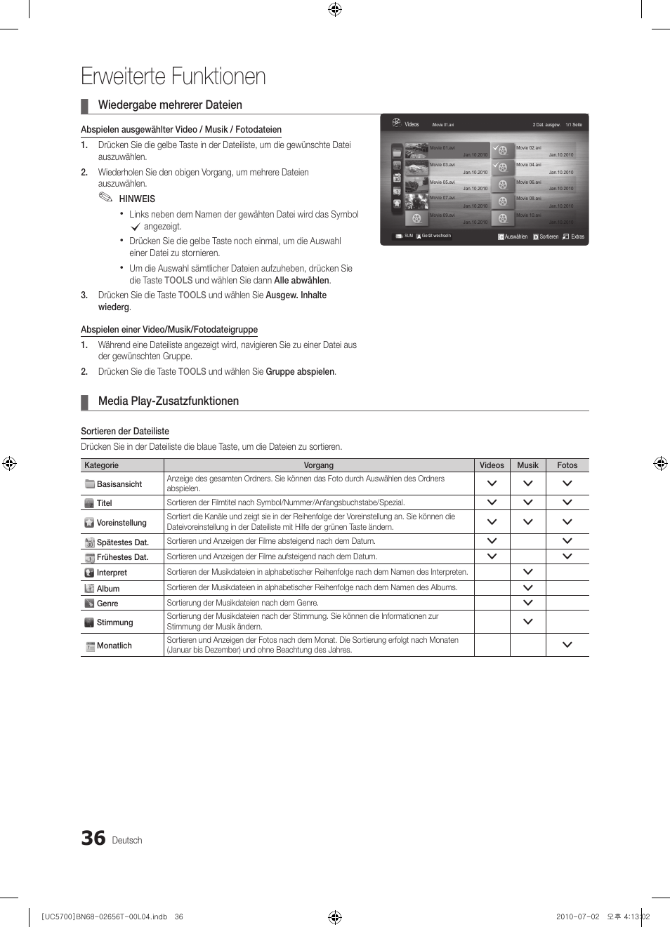 Erweiterte funktionen, Wiedergabe mehrerer dateien, Media play-zusatzfunktionen | Samsung UE40C5700QS User Manual | Page 88 / 209