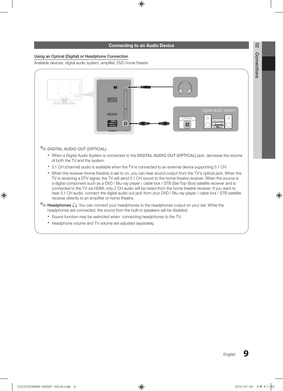 Connecting to an audio device | Samsung UE40C5700QS User Manual | Page 9 / 209