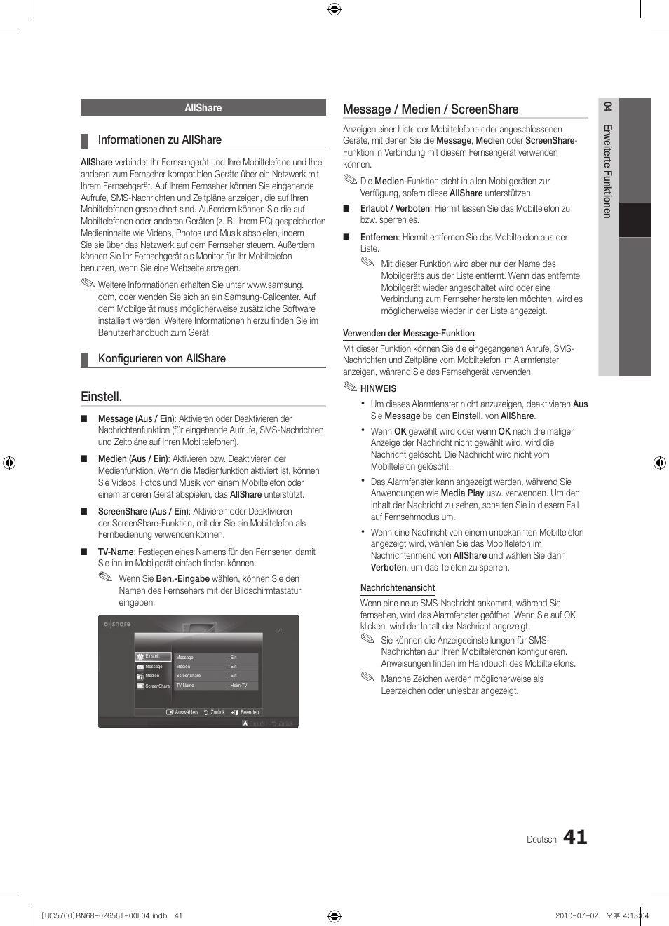 Einstell, Message / medien / screenshare | Samsung UE40C5700QS User Manual | Page 93 / 209