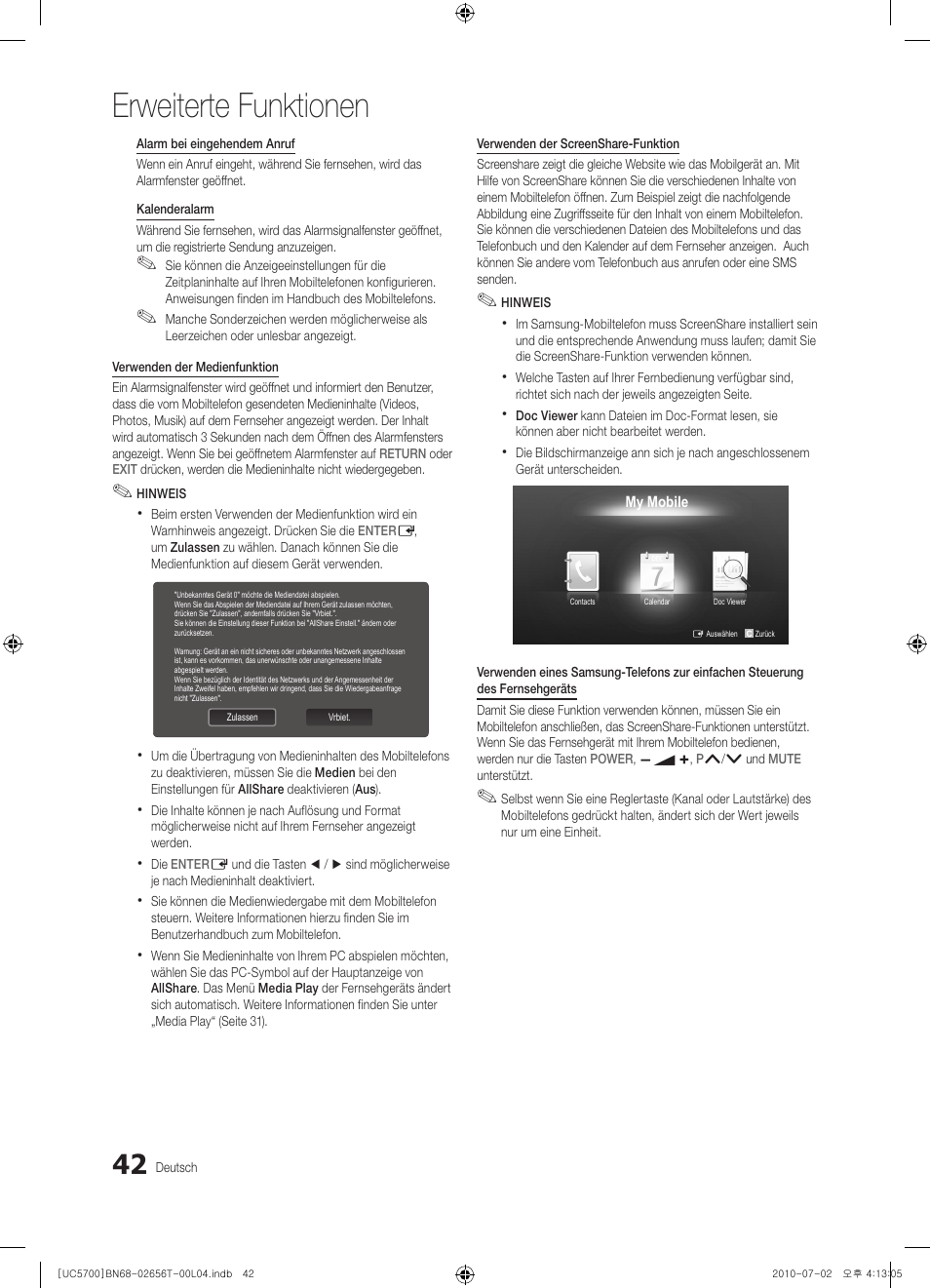 Erweiterte funktionen | Samsung UE40C5700QS User Manual | Page 94 / 209