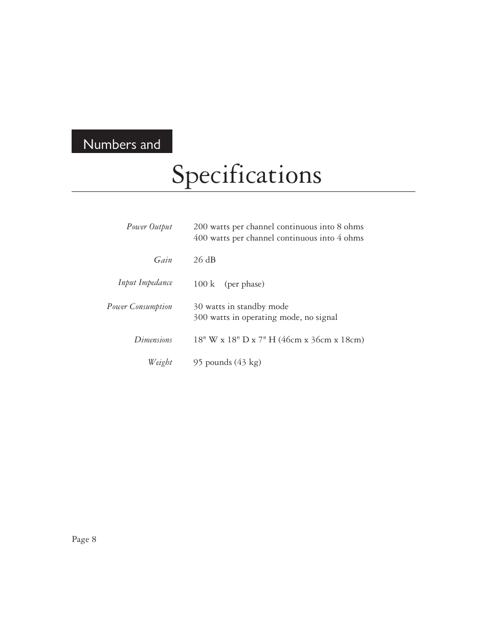 Specifications, Numbers and | Ayre Acoustics V-1x Power Amplifier User Manual | Page 10 / 16
