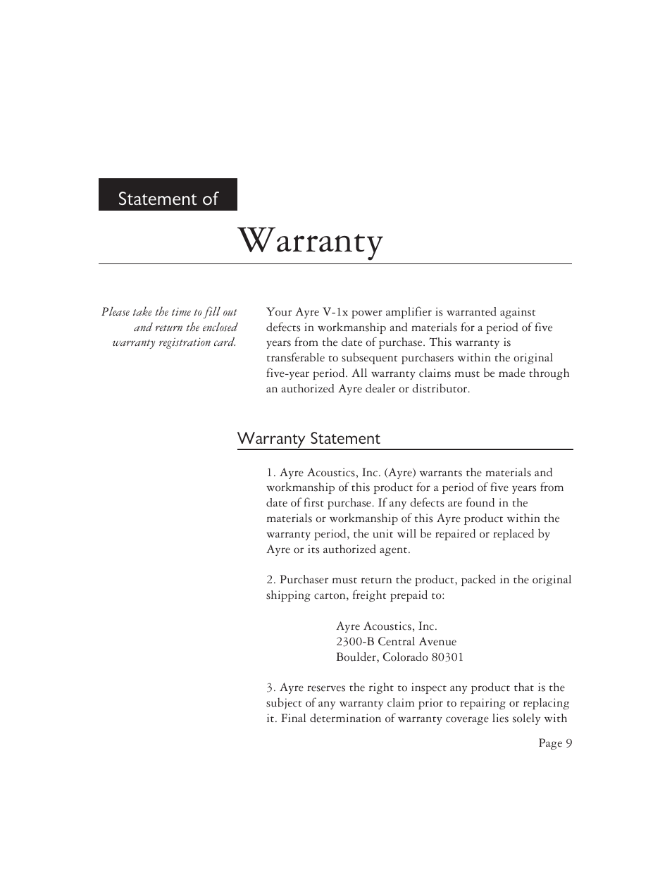 Warranty, Statement of | Ayre Acoustics V-1x Power Amplifier User Manual | Page 11 / 16