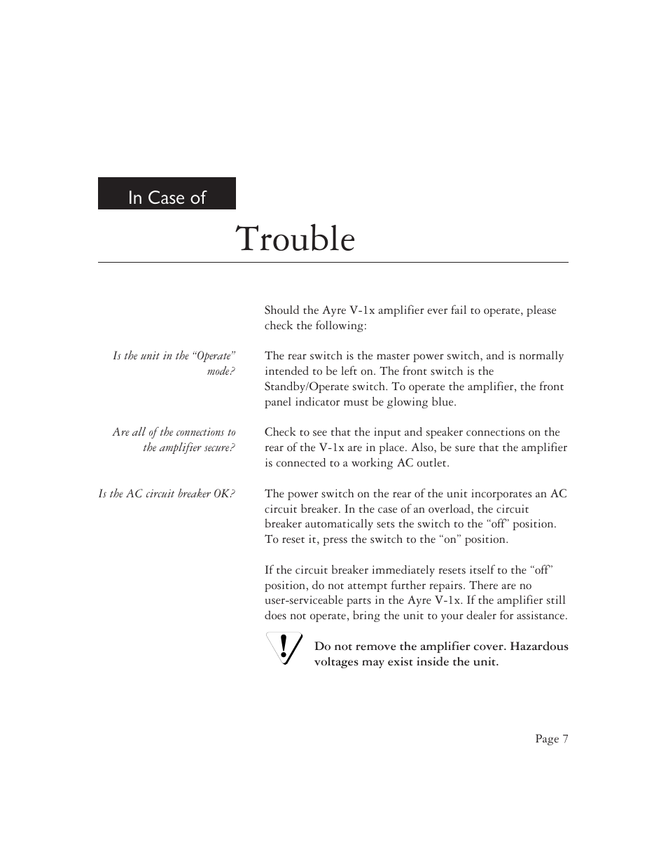 Trouble | Ayre Acoustics V-1x Power Amplifier User Manual | Page 9 / 16