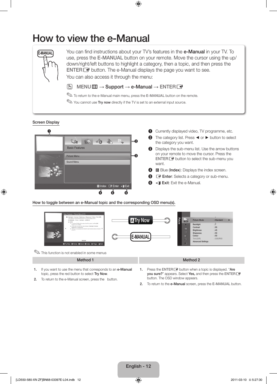 How to view the e-manual, Atry now, E-manual | Menu m → support → e-manual → enter e | Samsung LE37D550K1W User Manual | Page 12 / 65