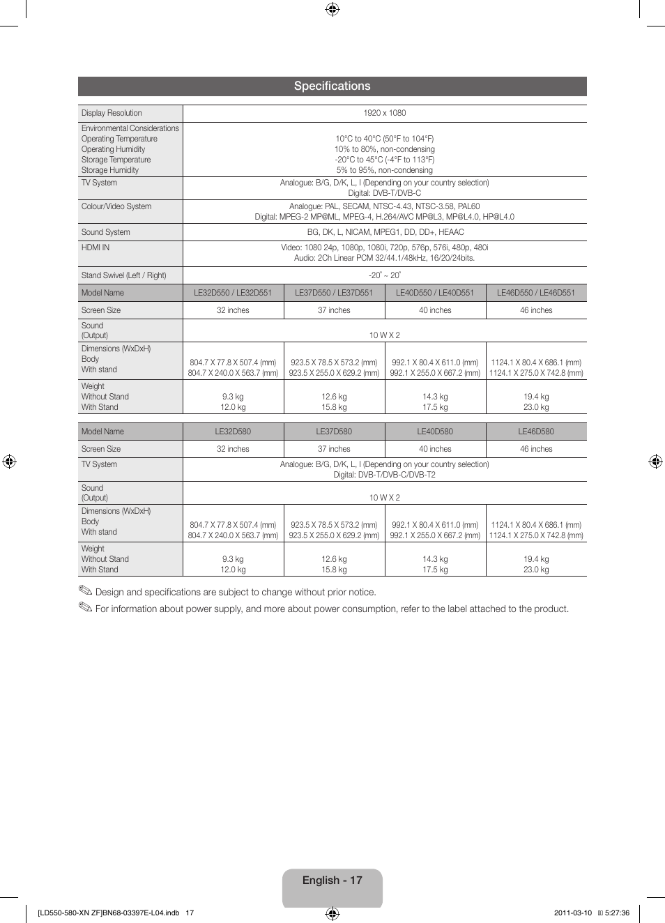 Specifications | Samsung LE37D550K1W User Manual | Page 17 / 65