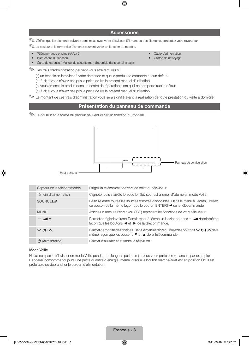 Accessories, Présentation du panneau de commande | Samsung LE37D550K1W User Manual | Page 19 / 65