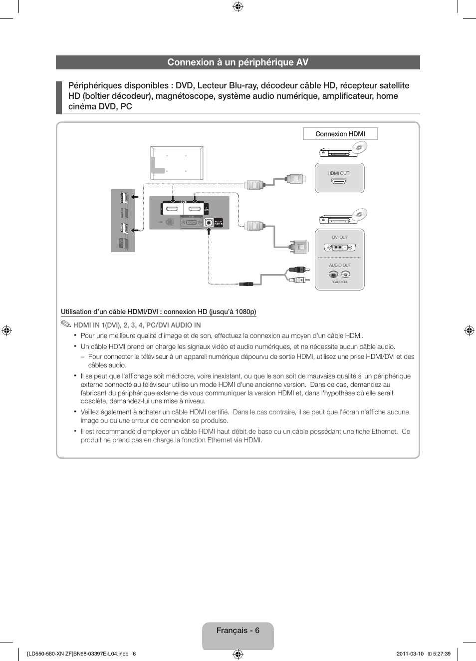 Connexion à un périphérique av | Samsung LE37D550K1W User Manual | Page 22 / 65